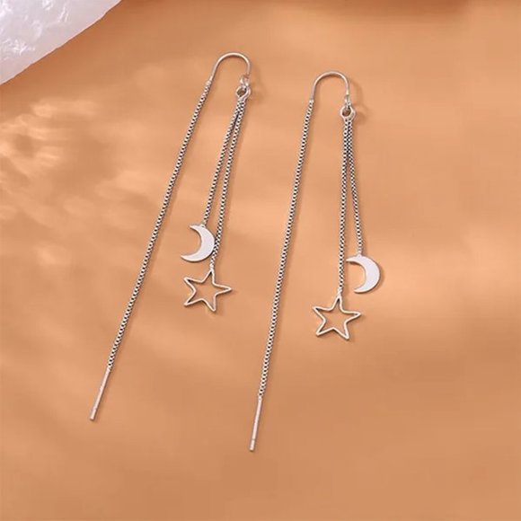 Silver Moon Star Threader Long Tassel Earring Chain, Drop Dangle Woman Earrings - Picture 4 of 8